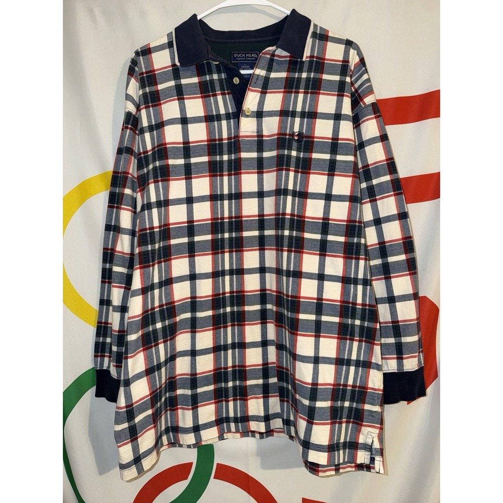 Duck Head Long Sleeve Polo Shirt Mens Large Plaid Cotton Gold School